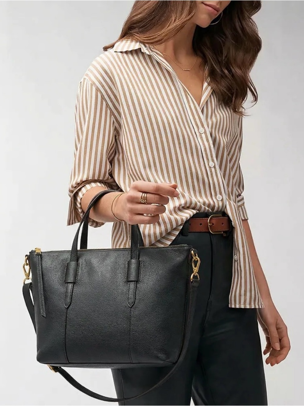 Fossil Black Leather Tote Bag with Adjustable Crossbody Strap
